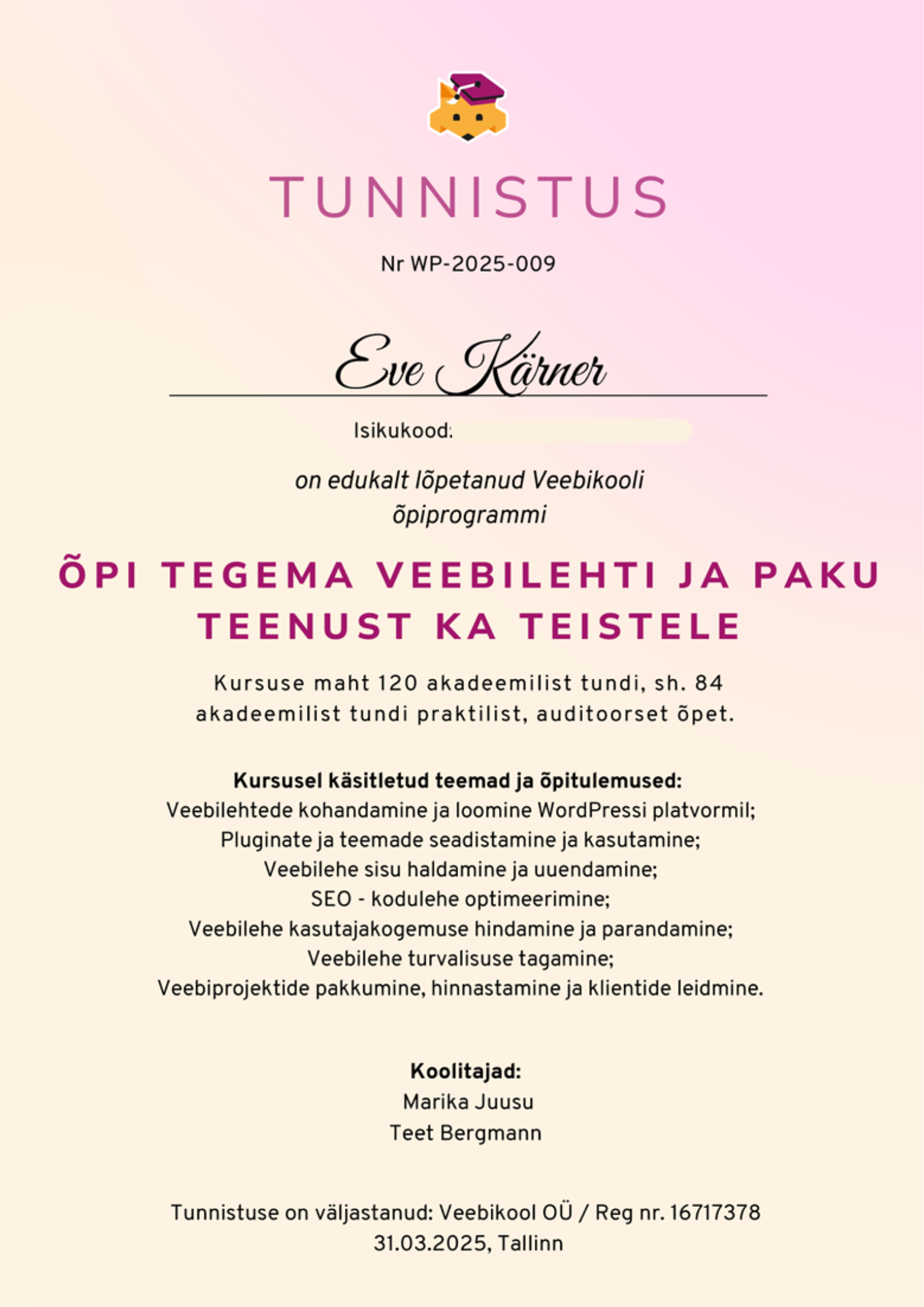 Eve Kärner WP õpiprogrammi tunnistus
